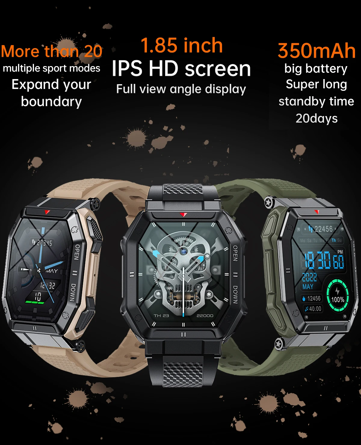 1.85inch 2022 New Military Smart Watch Men Bluetooth Call 350mAh 24H Healthy Monitor Outdoor IP68 Original Smartwatch