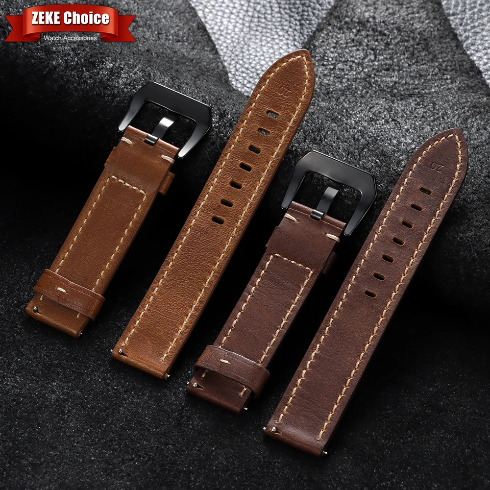 Vintage Stitching Genuine Leather Watch Straps for Men - Quick Release Replacement Top Grain Band