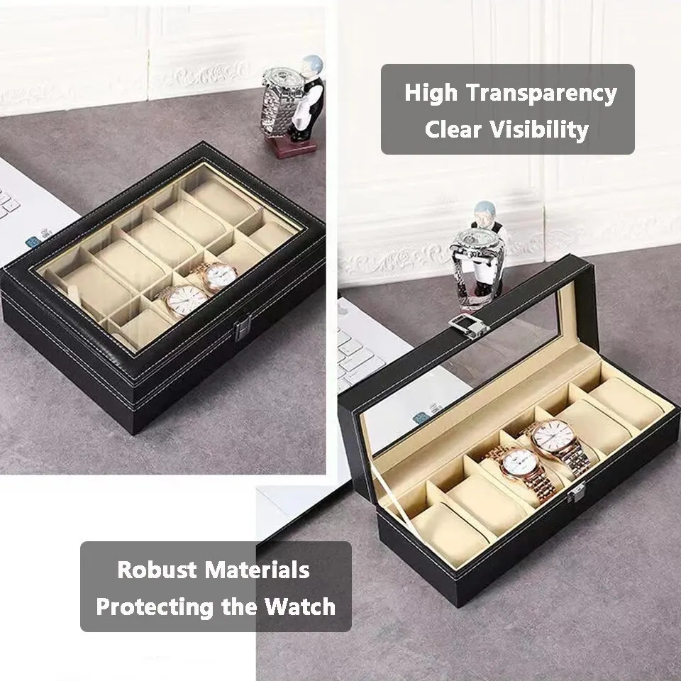 Watch storage box Watch Box 12-Slot Watch Case Large Glass Lid Removable Pillows Box Organizer Gift for Loved Ones