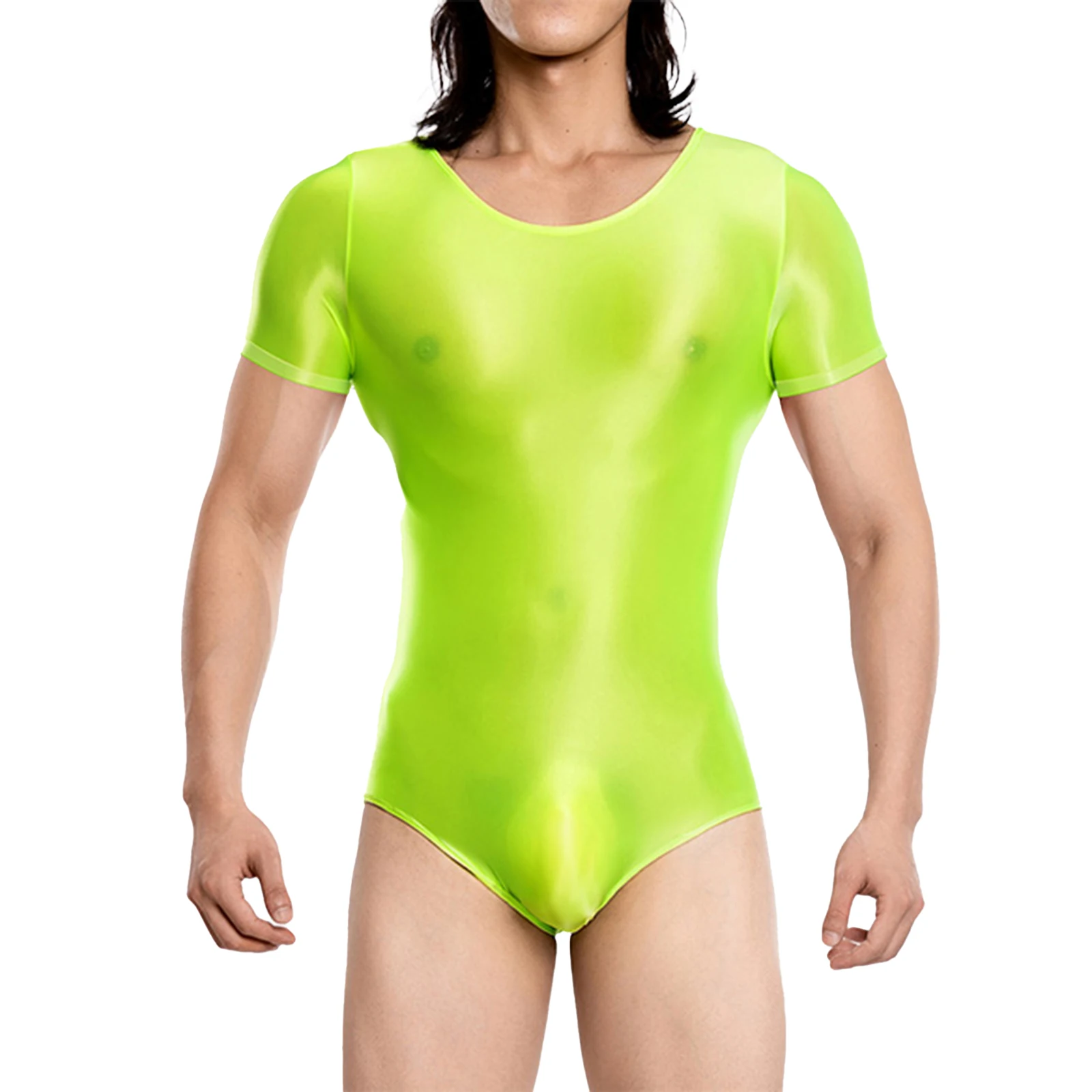 Description Picture 5 of itemSwimwear Mens Lingerie Tights Bodysuit Swimsuit Shiny Oil Glossy Translucent Bulge Crotch High Cut Bodycon Leotard Jumpsuit
