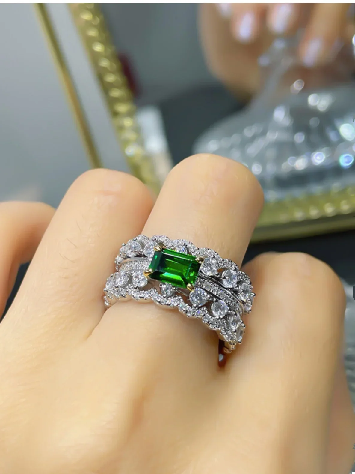 Double Row Full Diamond Ring 925 Sterling Silver Green Imported High Carbon Women's Diamond Ring Wedding Jewelry for Women
