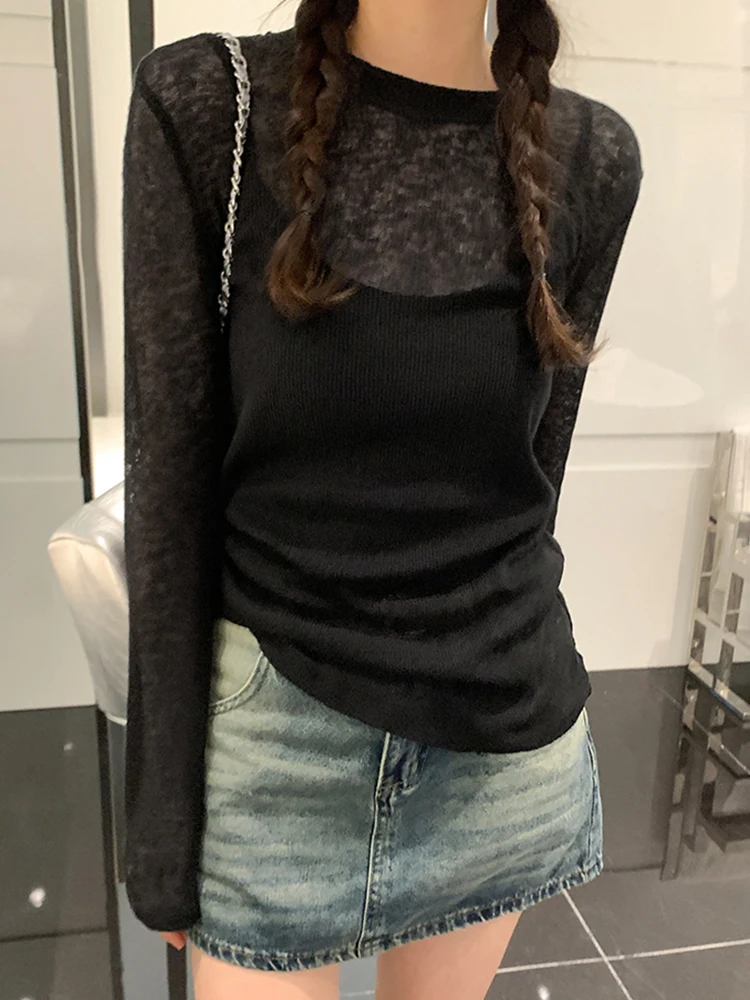 مثير متماسكة انظر من خلال المرأة تي شيرت بلايز الصلبة طويلة الأكمام س الرقبة فضفاضة بلايز الإناث ملابس الشارع الشهير قاعدة الصلبة تيز 5