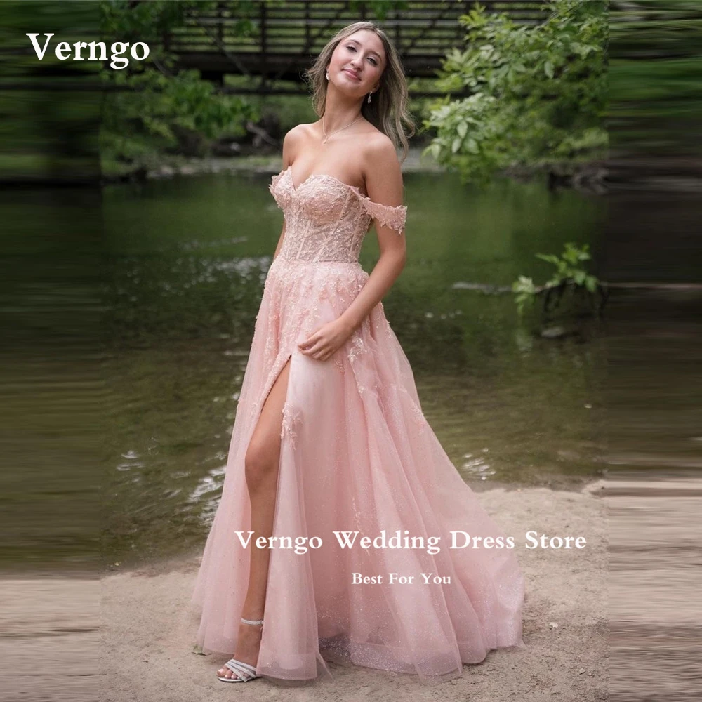 

Verngo Elegant Blush Pink Tulle Prom Dresses Lace Applique Split Off the Shoulder Shiny Sparkly Evening Gowns Party Formal Dress