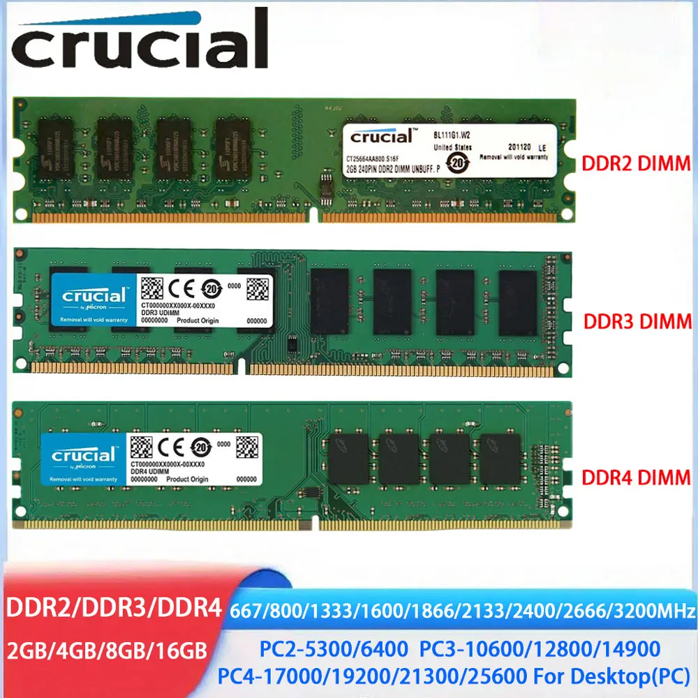 Crucial Memoria DDR4 DDR3 DDR2 2GB 4GB 8GB 16GB 32GB 3200MHz 2666 2133 2400 1866 1600 1333 667 800MHz PC Desktop DIMM RAM Memory