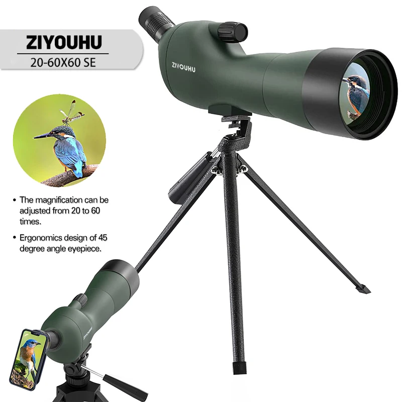 

20-60x60SE Spotting Scope Monocular Bird Watching Zoom Telescope Wide 60mm Objective FMC Coating Optics Porro Prisms Long Range