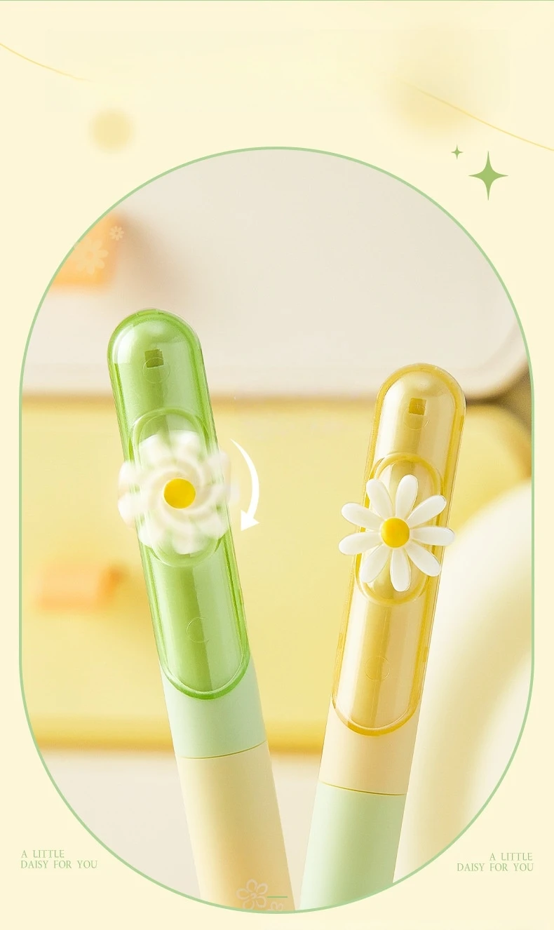 4-teiliges zartes und romantisches Gelschreiber-Set, rotierender Gänseblümchen-Blumenclip, schnell trocknende schwarze Tinte zum Schreiben von Schülern, Schule, A3041 – Detail 2