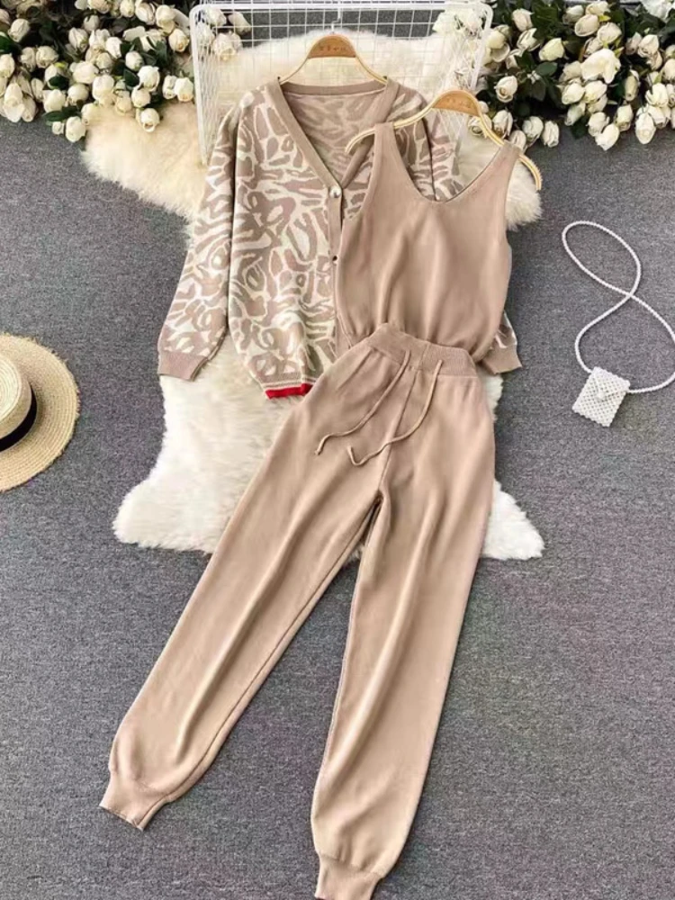 

Casual Knitting Set Loose and Versatile Cardigan Sweater Coat Slim Fit Tank Top with High Waist Pants Fashion Three Piece Set