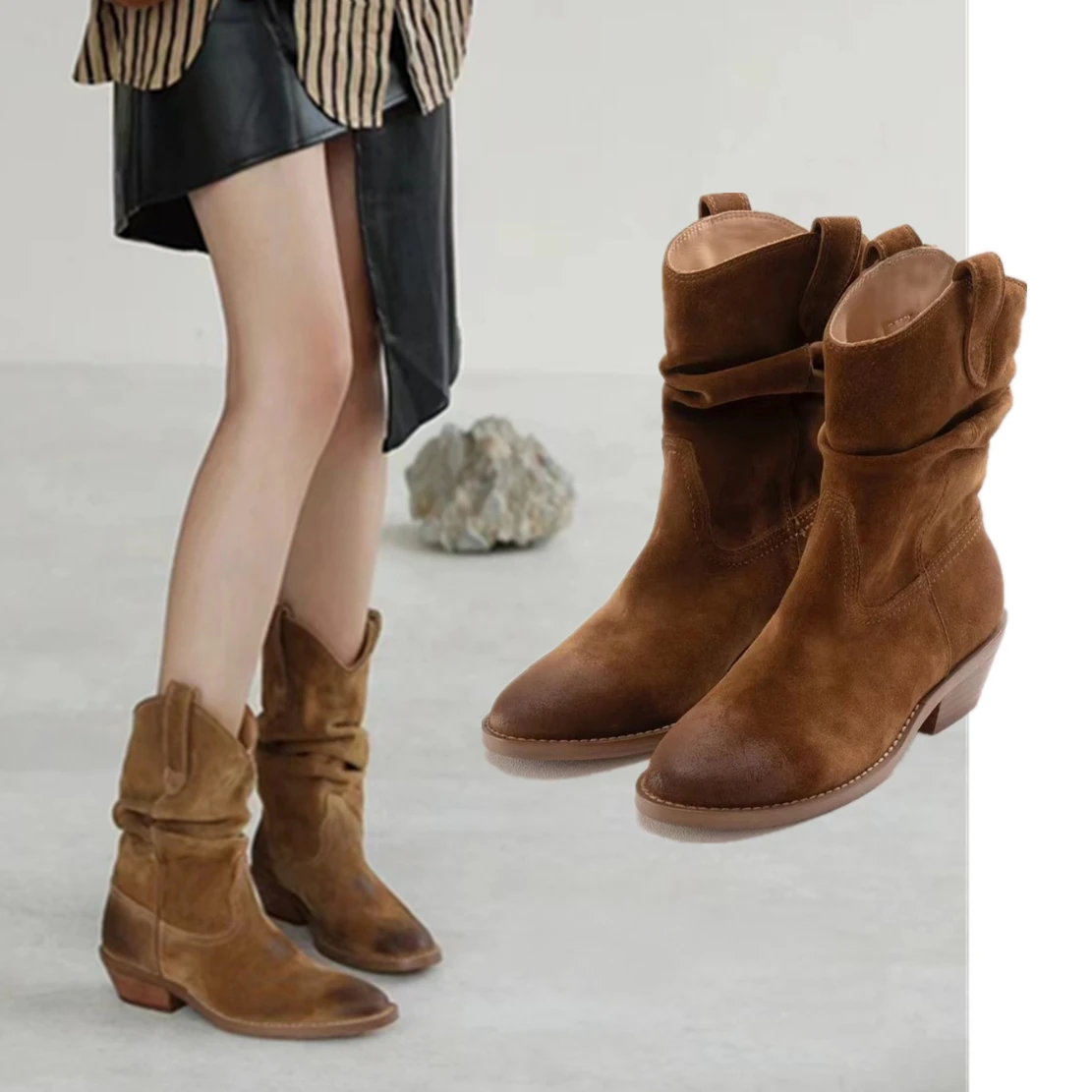 

Dave&Di Western Retro Brushed Cow Suede Knight Boots Women Casual Thick Fashion Heel Boots Shoes Ladies