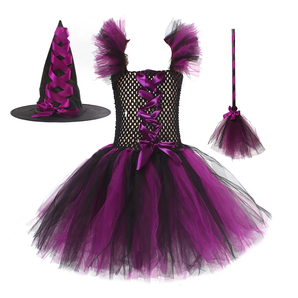 Fairytale Children Halloween Witch Costume Set Girls Witch Fancy Tutu Dress with Hat Broom for Cosplay Party Dress up Clothes