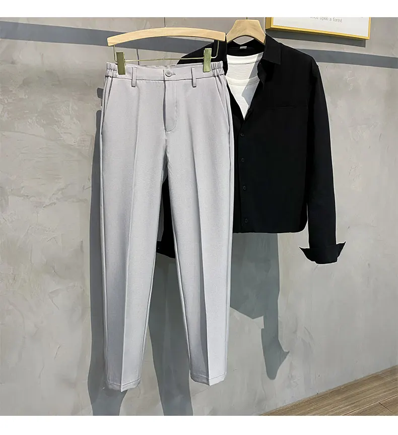 2023 Spring Summer Men's Casual Pants Suit Pant Slim Fit Work Elastic Waist Jogging Trousers Male Black Grey Plus Size 40 42