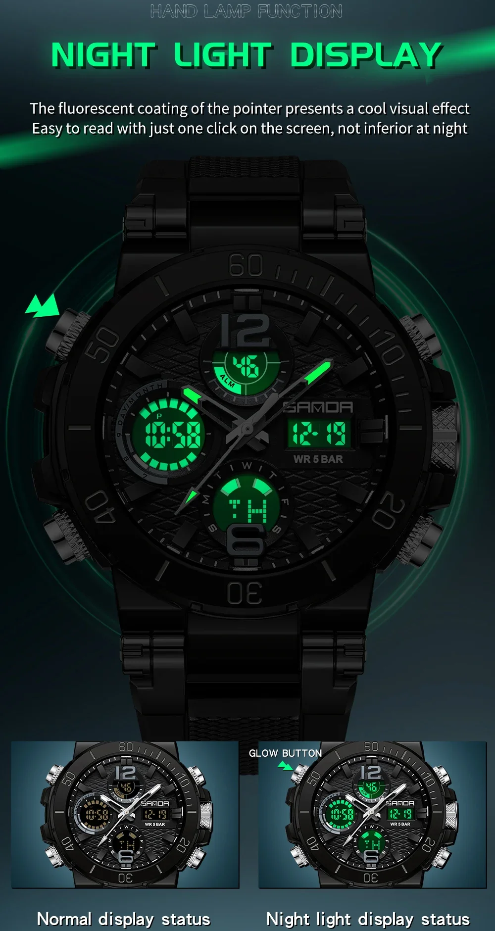 Sanda 2023 New Dual Screen Men's Digital Watch Nightlight Waterproof Multifunctional Popular Men's Alarm Clock 6167 Wristwatch