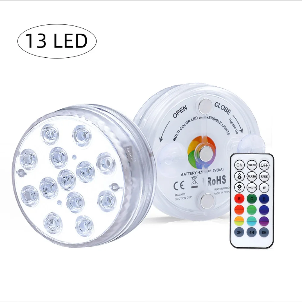 RGB Color 13 Leds 85MM Led Underwater Lamp & Magnetic&Sucker IP68 Waterproof Garden Pool Decoration for Party,Wedding,Holiday