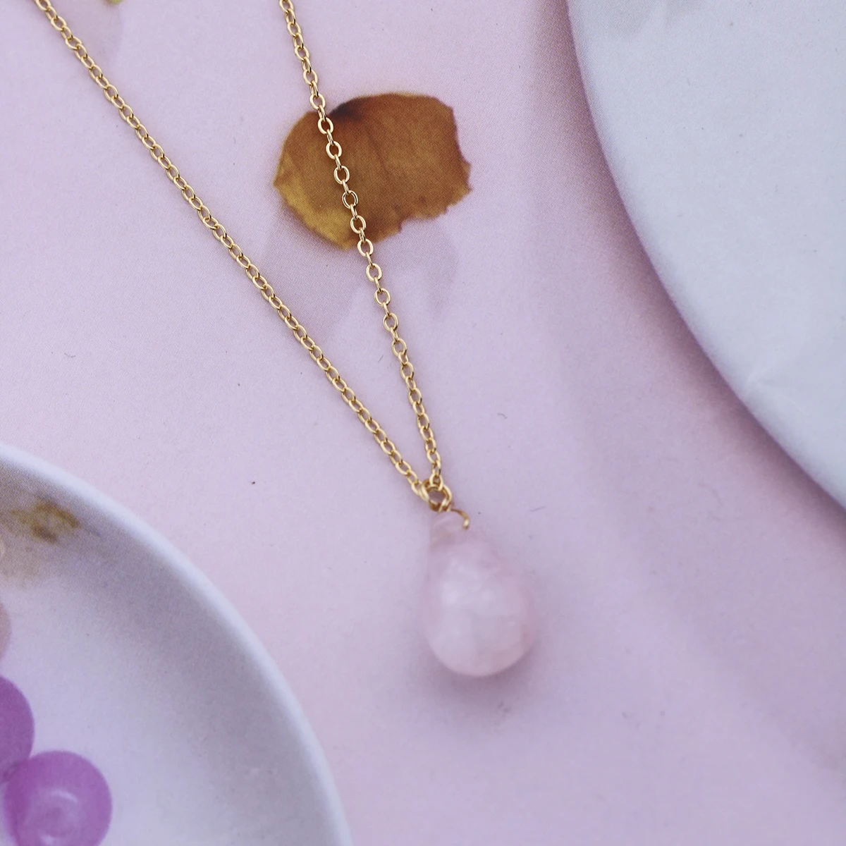 Natural Crystal Water Drop Rose Quartz Opal Pendant Necklace Energy Stone Healing Meditation Yoga Gift