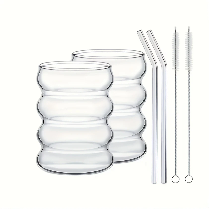 2 tazze da caffè in vetro borosilicato alto 350 ml/11,8 once con cannuccia e pennello, design vintage ondulato, bicchieri estetici trasparenti