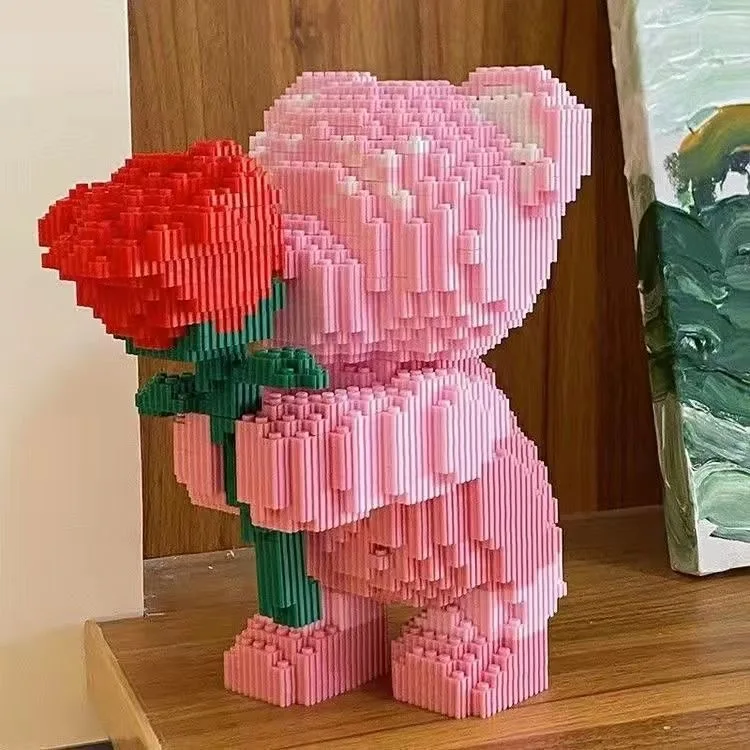 Cute Cartoon Pink Flower Teddy Bear Building Block Toy Educational Toy for Kids Couple Gift Desktop Decorations