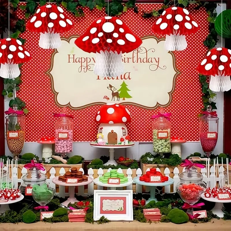 Kreative Pilz-Wabenkugel, 3D-Hängeornament für Partys im Innenbereich, Waldthema, Geburtstag, Hochzeitsdekoration, Dschungelwunderland-Setup – Detail 4