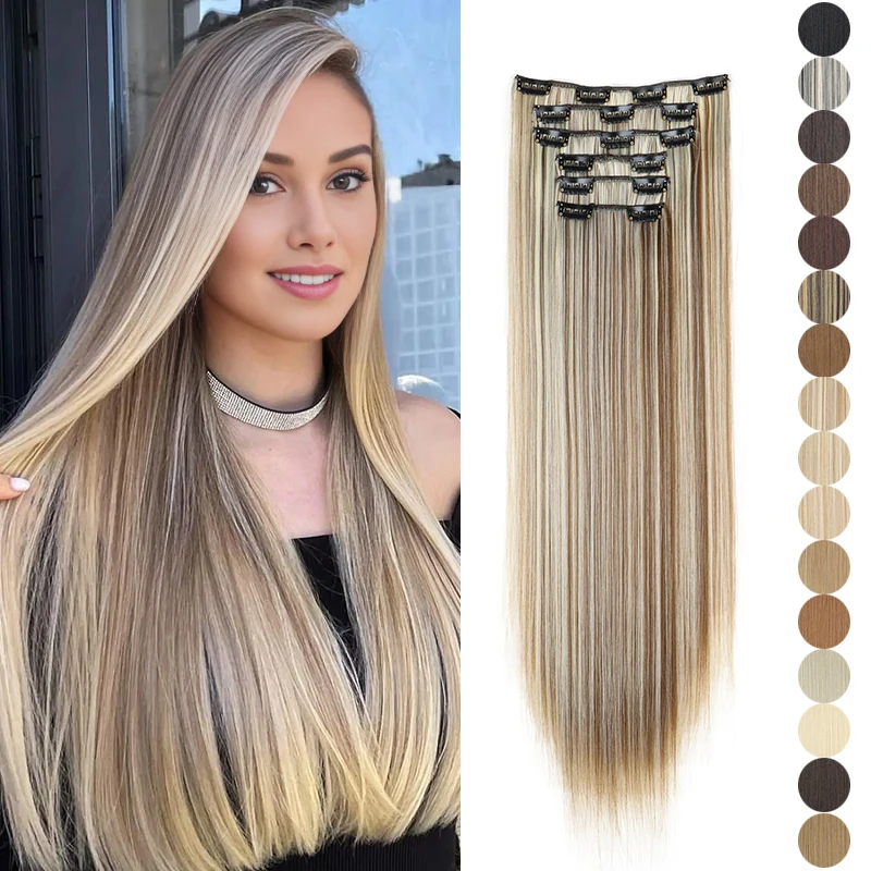 Synthetic 24Inch 16 Clips in Hair Extensions Long Straight Hairstyle Blonde Black Hairpieces Heat Resistant False Hair Daily Use Best Sellers In Hair Extensions & Wigs