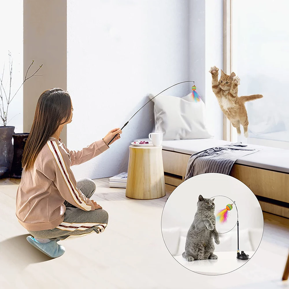 Cat Toys Interactive Funny Cat Feather Wand Suction Cup Ball Feathers Replacements with Bells for Indoor Cats Kitten Exercise