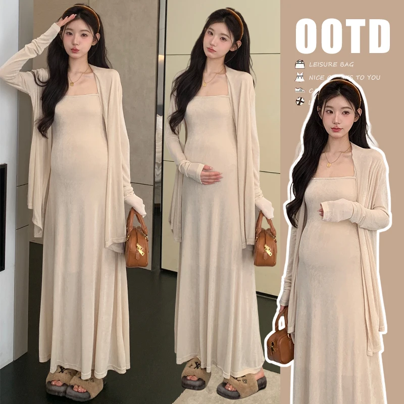 봄맞이 임부복 세트 2026년 초봄 신상 슬리밍 탄력 홀터넥 드레스 숄 가디건 투피스 세트 (임산부용)