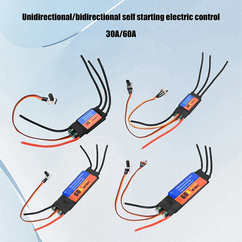 Vue de dessus du contrôleur ESC brushless 30A/60A avec démarrage automatique et inversion, montrant les soudures et composants
