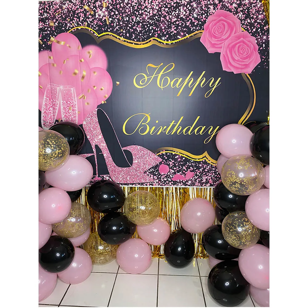 Pink Rose Birthday Backdrop Shiny Glitter High Heels Champagne Adults Women Birthday Decor Photo Booth Background Custom photo backdrop photo wallpaper