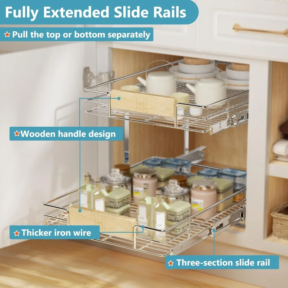 2 Tier Pull Out Cabinet Organizer 19&frac12;" W x 21&frac12;" D, Slide Out Drawers with Wooden Handle, Sliding Shelves Organization