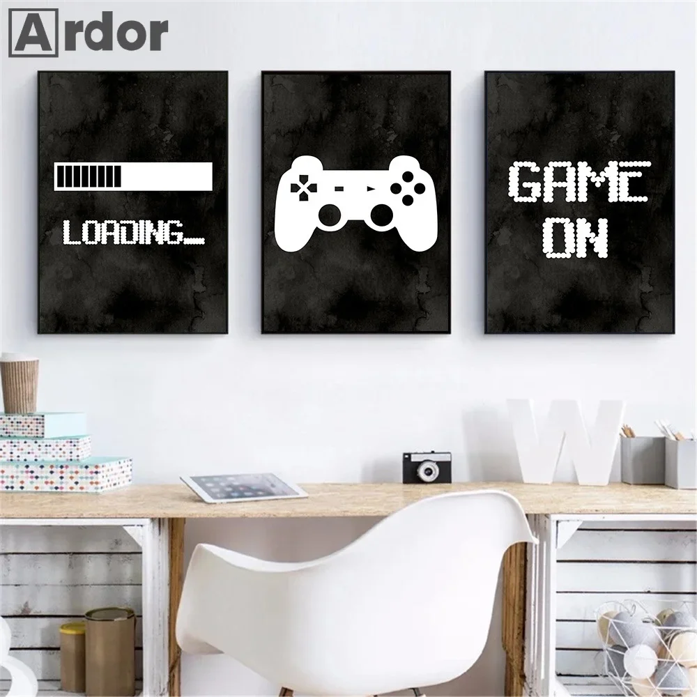 Gioca ai bambini Giochi Stampa artistica su tela Gioco Caricamento Poster Gamer Pittura murale Immagini murali nordiche in bianco e nero Arredamento della camera dei ragazzi
