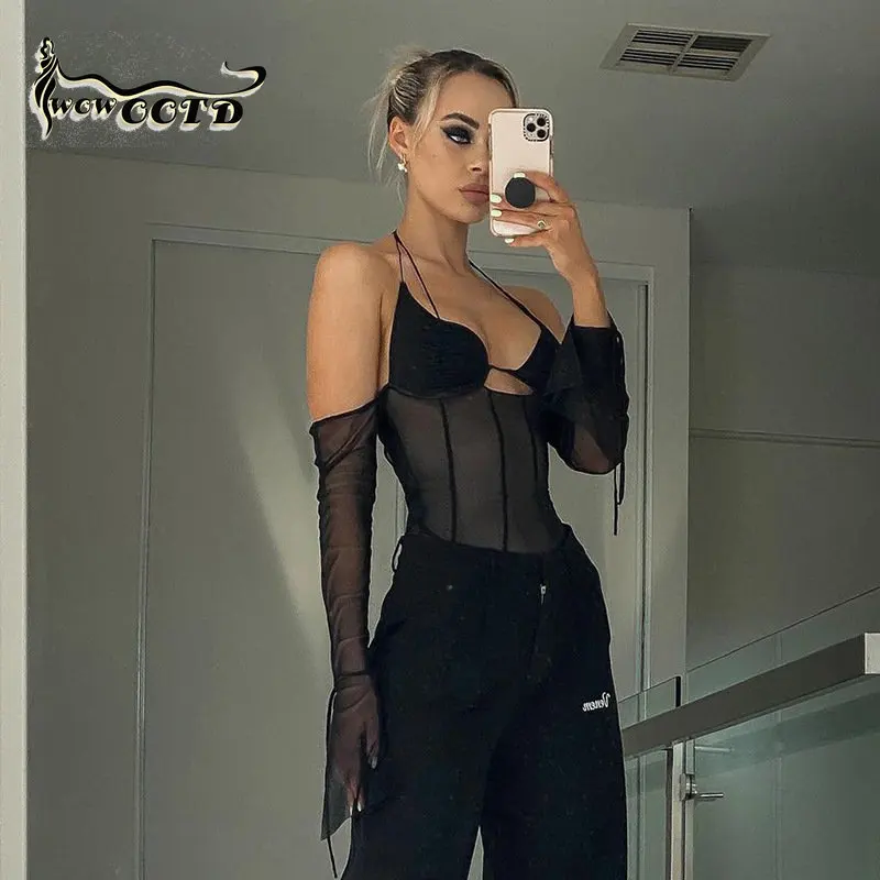 

WOWOOTD Ruched Sheer Sexy Cyber Y2k Camisole Gothic Punk Mesh Patchwork Crop Tops With Glove Sleeve Grunge Backless Halter Tee