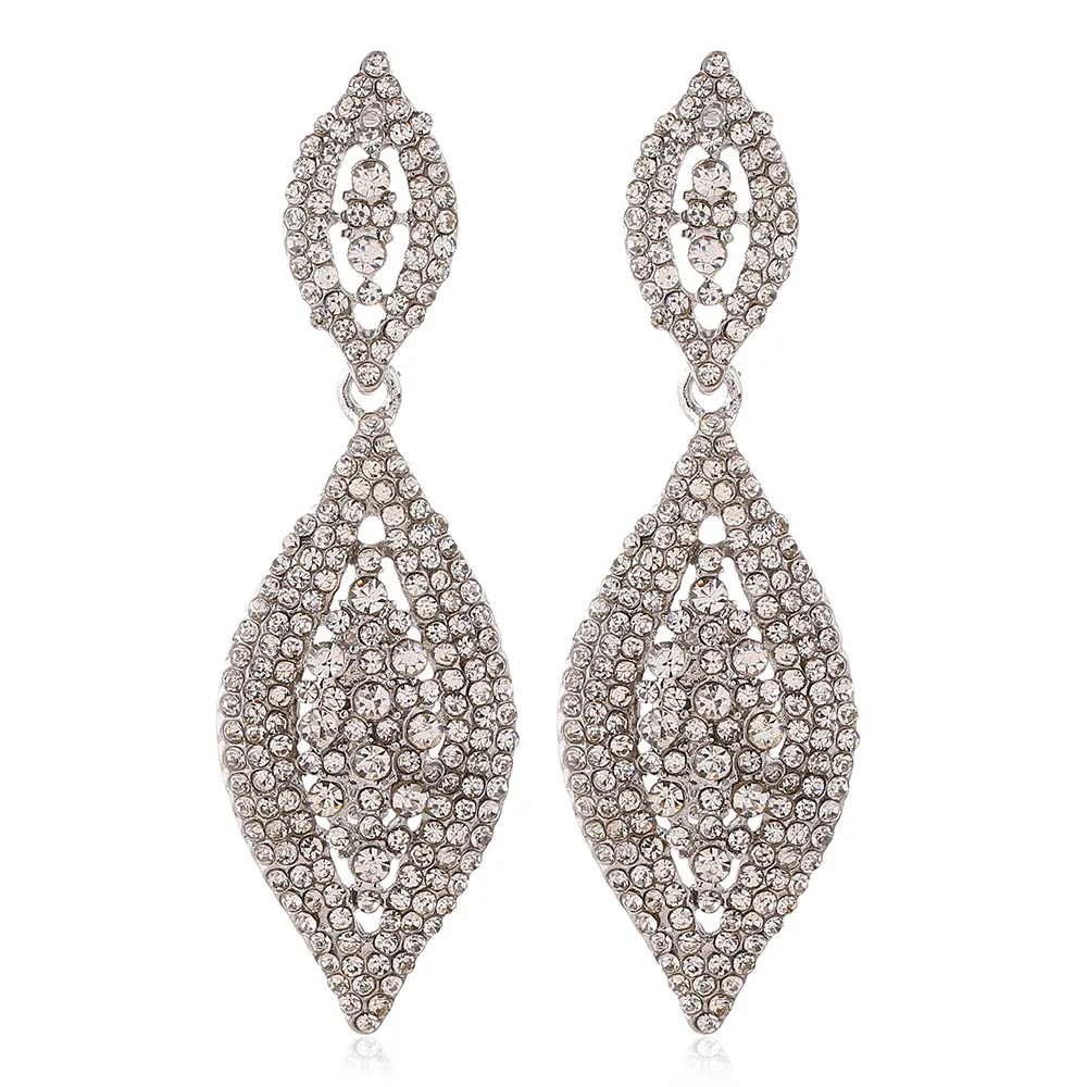 Drop Earrings Silver Plated Leaf Shaped Crystal Long Wedding For Gift