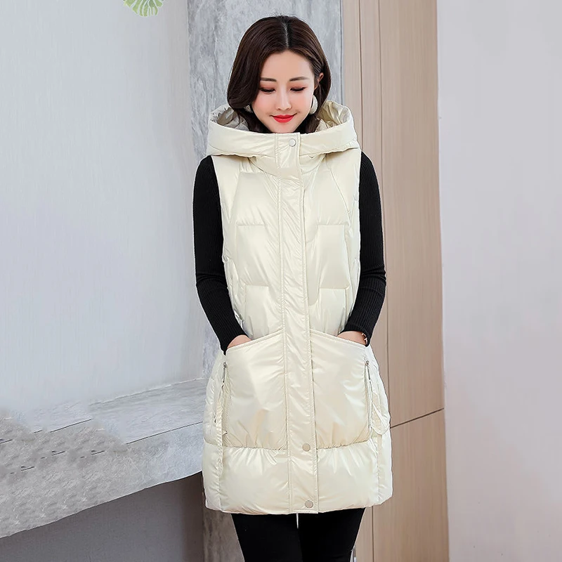 

Snow Wear Warm Long Waistcoat Women Winter Waterproof Vest Jacket Hooded Big Pockets Fashion Glossy Parka Sleeveless Jacket Coat