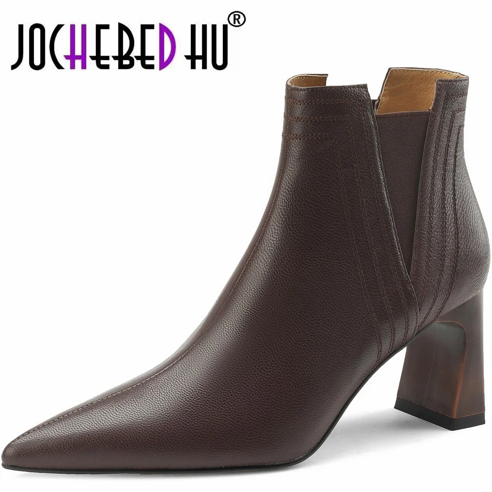 

【JOCHEBED HU】2023 new Women ankle boots natural leather Fetal cowhide full leather modern boots side zip pointed toe Chelsea