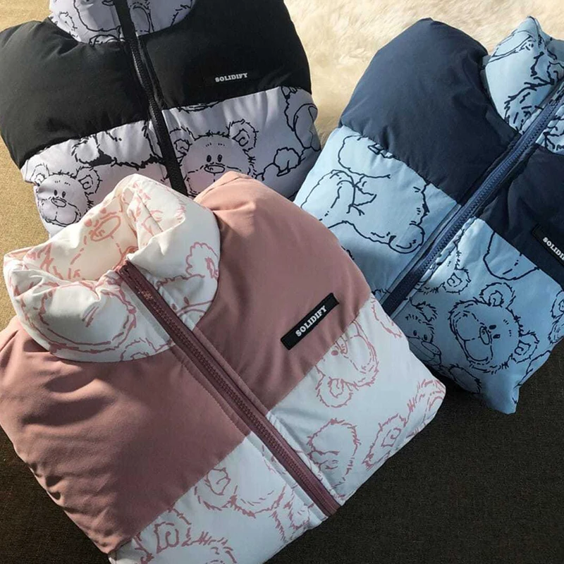 Winter Bear Cotton Parkas Coats Female Preppy Zipper Jacket Harajuku Thicken Oversize Outerwear Short Parka Padded Coat Fashon