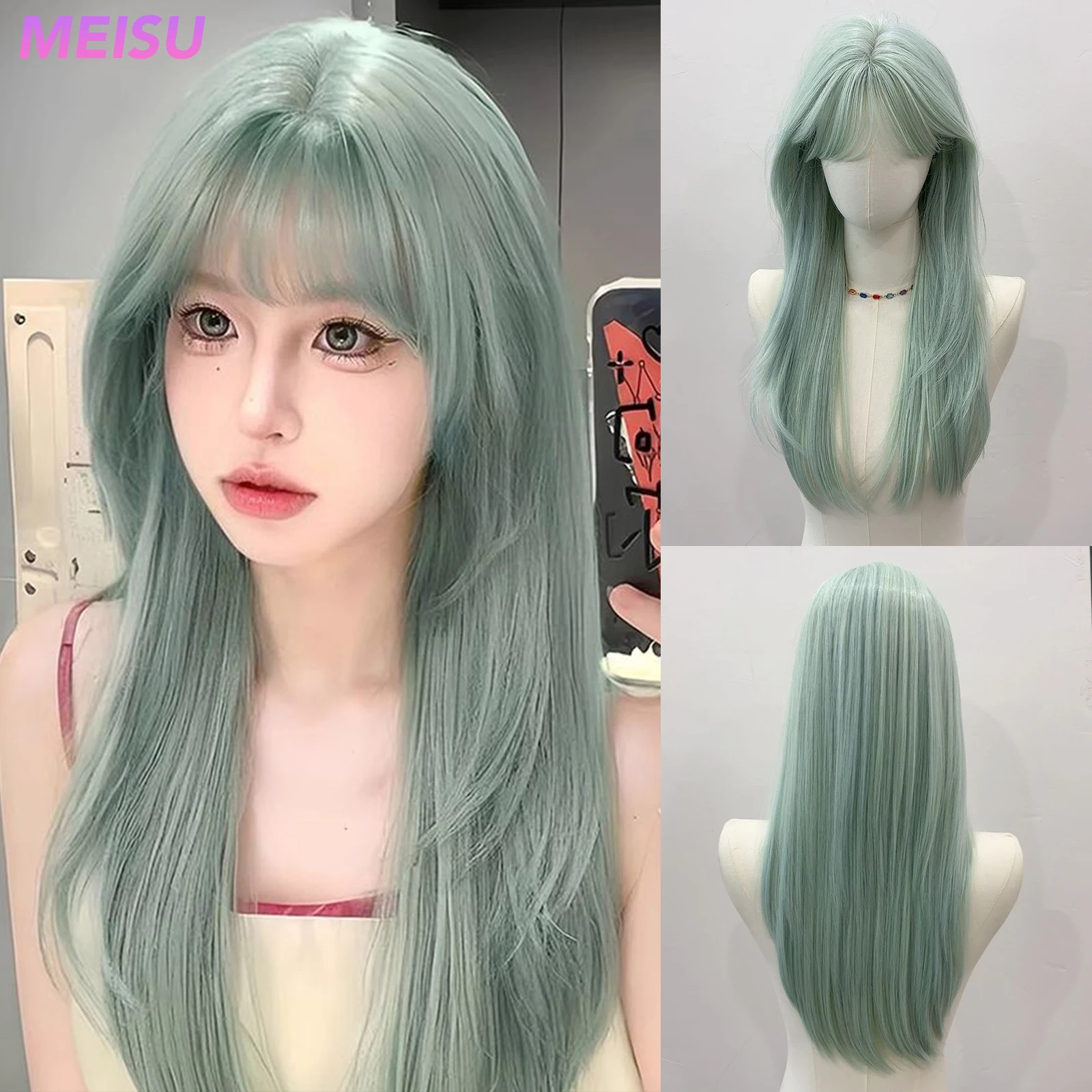 MEISU 24 Inch Long Straight Synthetic Wig Layered Mint Green Heat-Resistant Natural Smooth Hair Stylish Party For Women