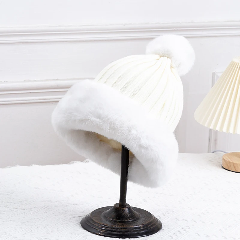 Winter Princess Cap with Ball for Women Ski Hat Outdoor Warm Ear Protection Knitted Beanies Soft Faux Fur Female Pom Pom Caps 3
