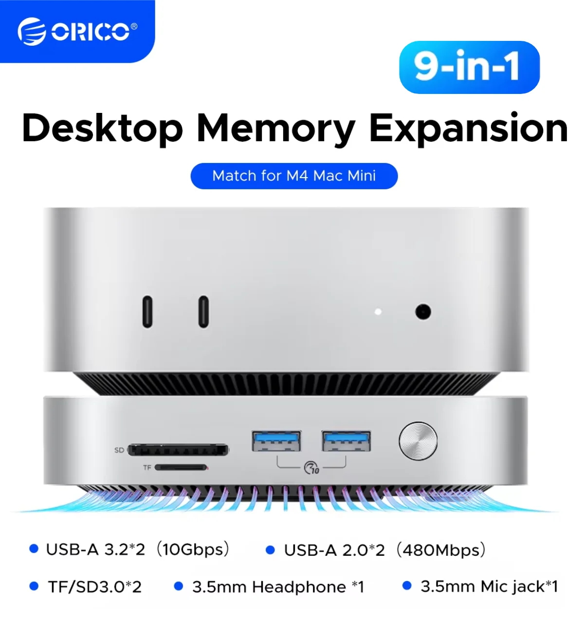 오리코 미니메이트 도크 & 스탠드 10Gbps 스토리지 확장 도크 (맥 미니 M4&M4 Pro 도킹 스테이션용, SD/TF3.0 512G 1T 2T 4T SSD 지원)