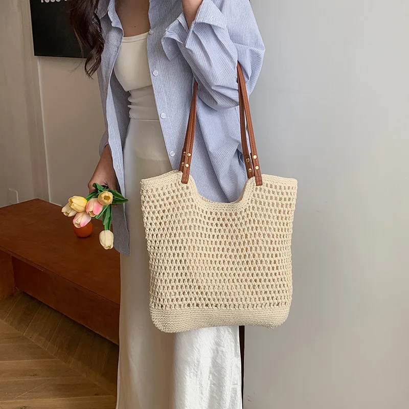 Woman Knitted Handbag Summer Hollow Beach Bag Large Capacity Fashion Knitted Bag Travel Holiday One-shoulder Hollow Shopping Bag 2
