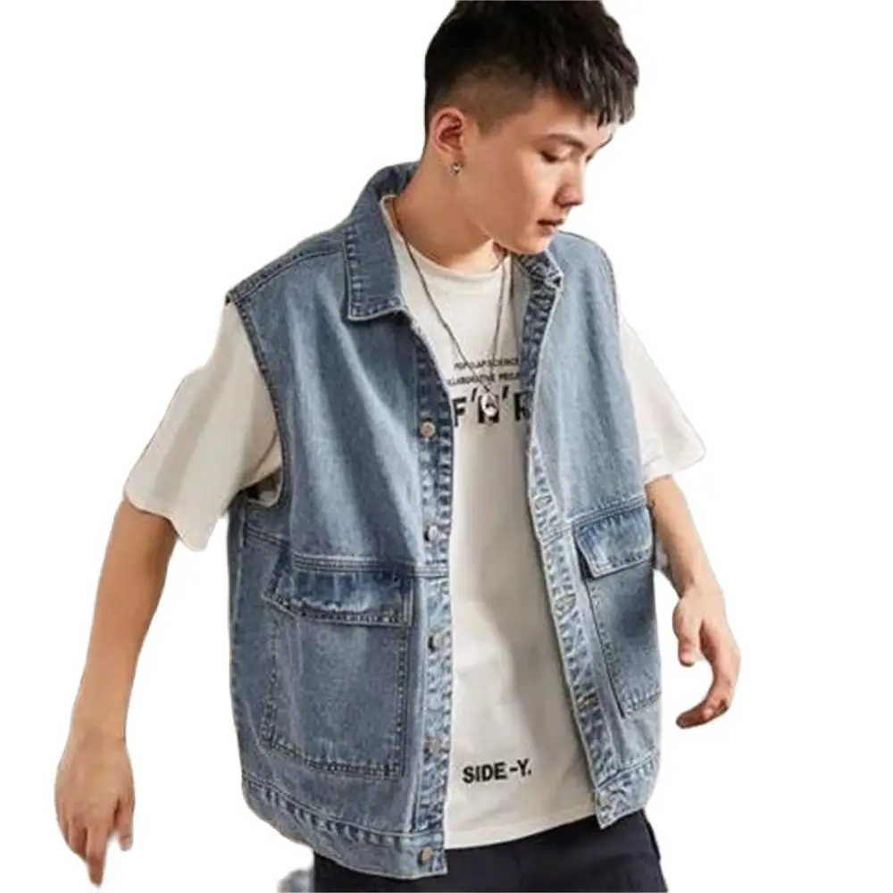 

Sleeveless Jacket Casual Jeans Waistcoat Fashion Male Tops Gilet Autumn Outerwear Spring New Men Denim Vest Loose Korean Pocket