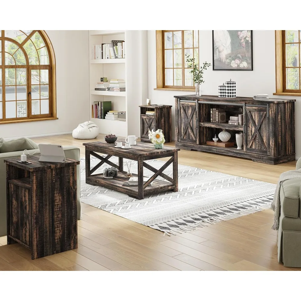 4-Piece Farmhouse Table Set,Coffee Table& Two End Tables,Side Table with Charging Station and USB Ports 6