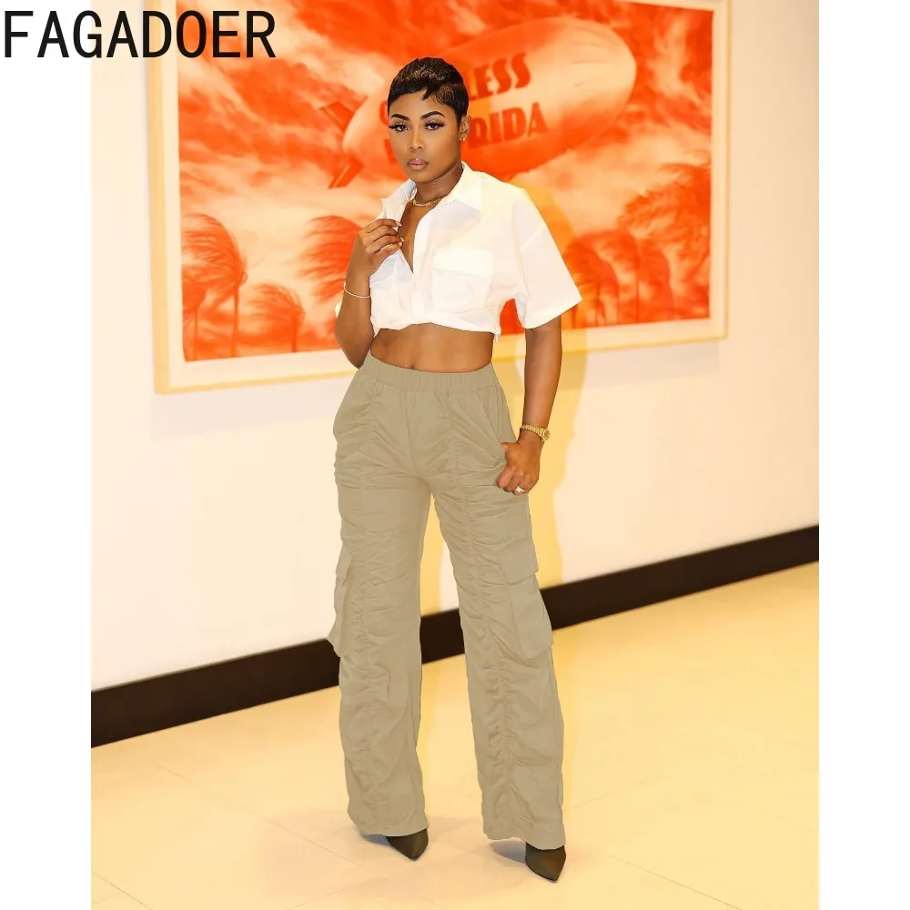 FAGADOER Green Casual Pleated Design Cargo Pants Women High Waisted Ruched Pocket Trousers Autumn Female Sporty Bottoms 2023 New