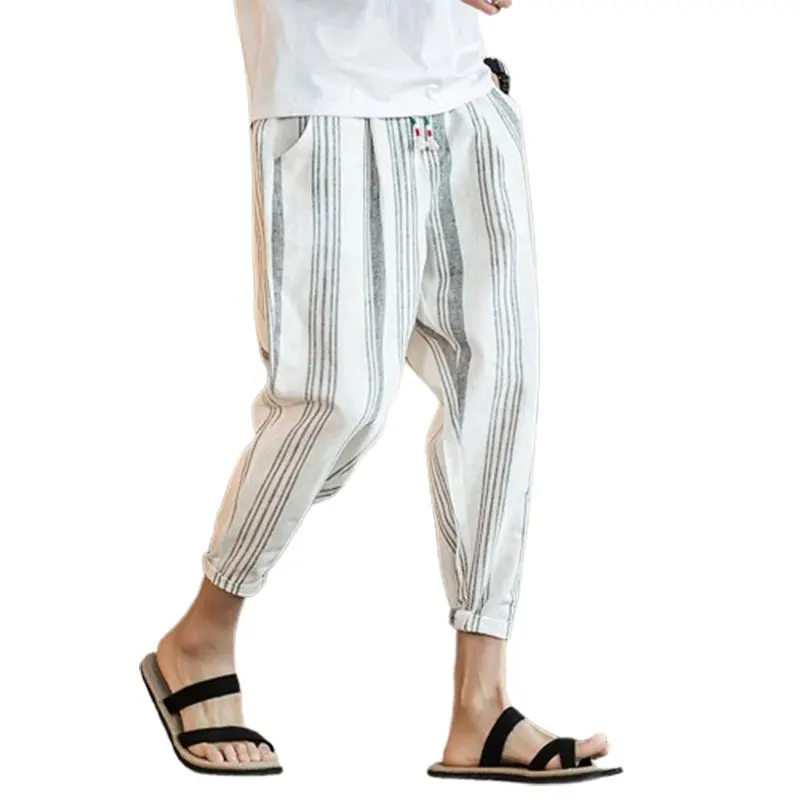 Elegant Fashion Harajuku Slim Fit Ropa Hombre Loose Casual Sport All Match Cropped Pants Thin Style Cotton Linen Stripe Pants