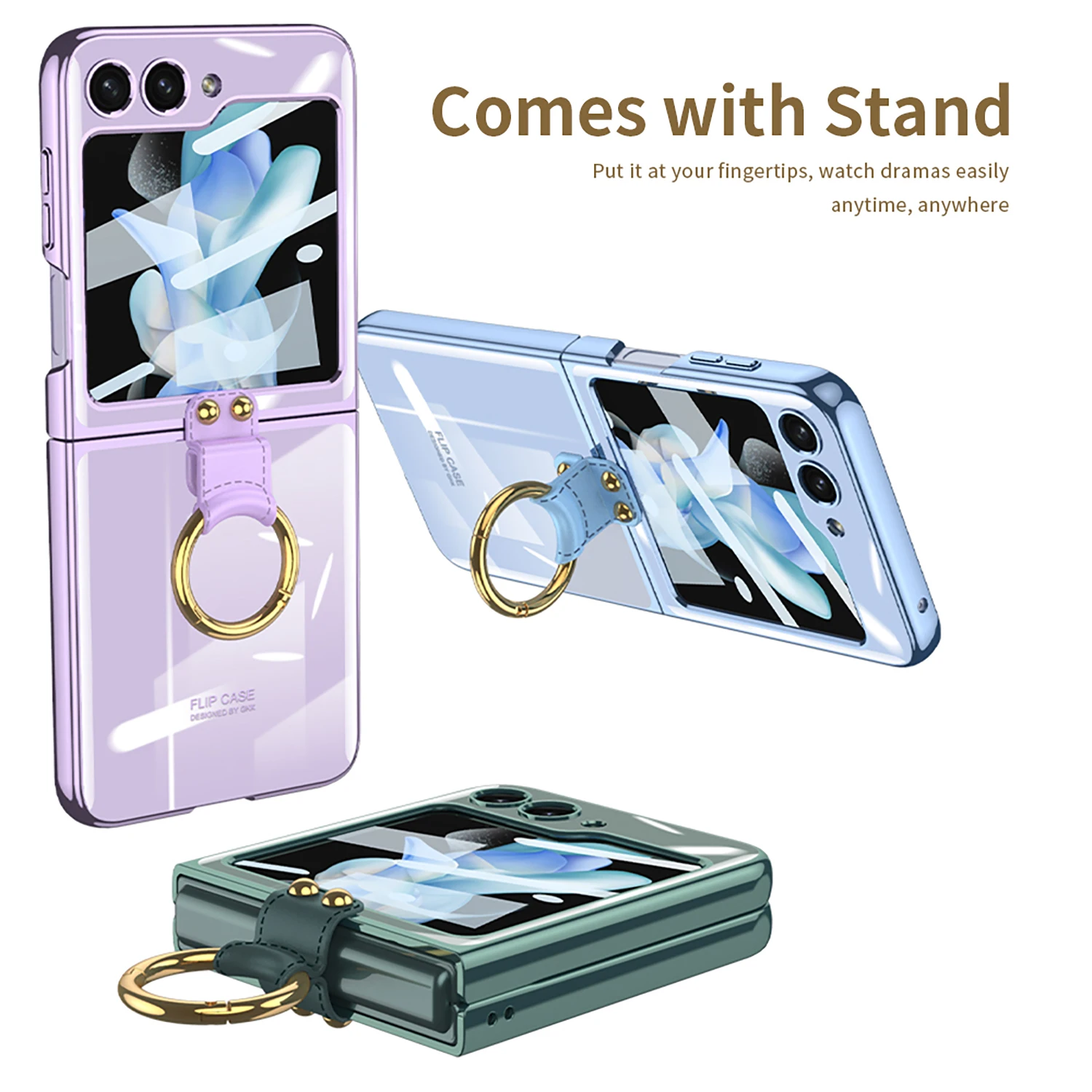 For Samsung Galaxy Z Flip 6 5 4 Case Luxury Electroplated Transparent Ring Holder Screen Film Hard Cover phone case