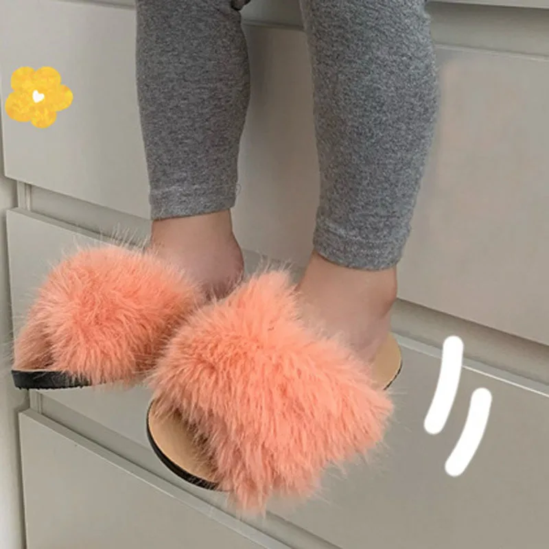 Faux Fur Slippers Children Home Flat Slides Furry Summer Shoes Soft Sole Kids Slippers for Girls Shoes Indoor Flip Flops CSH1420 6
