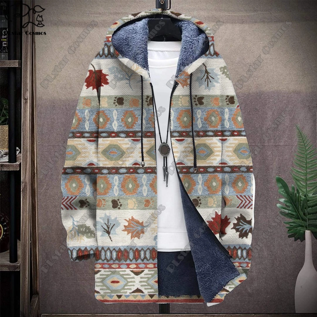 3D printed colorful tribal retro pattern hooded zipper warm and cold-proof jacket for your own winter casual series-F1
