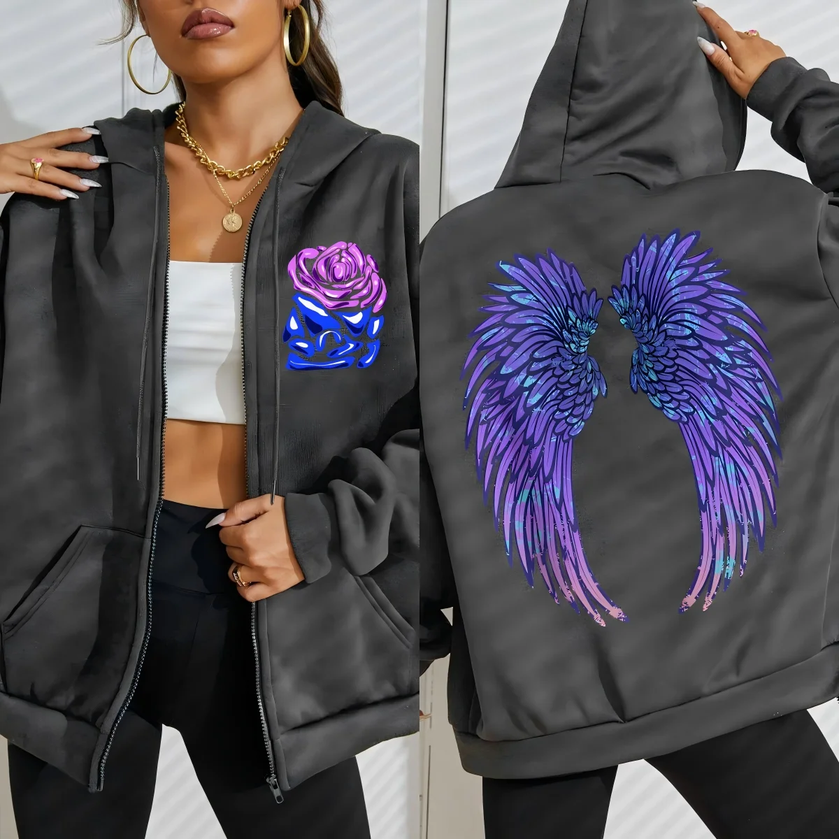 Coole Lila Kreative Flügel Rose Print Frauen Zipper Hoody Mode Lose Sportswear Casual Fleece Hoodie Herbst Hip Hop Trainingsanzug – Detail 10