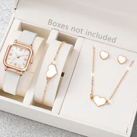 Ladies Watch 5pcs/Set Women White PU Strap Casual Quartz Watch And Heart Necklace Earings Bracelet Jewelry Set Watch For Women(N 1
