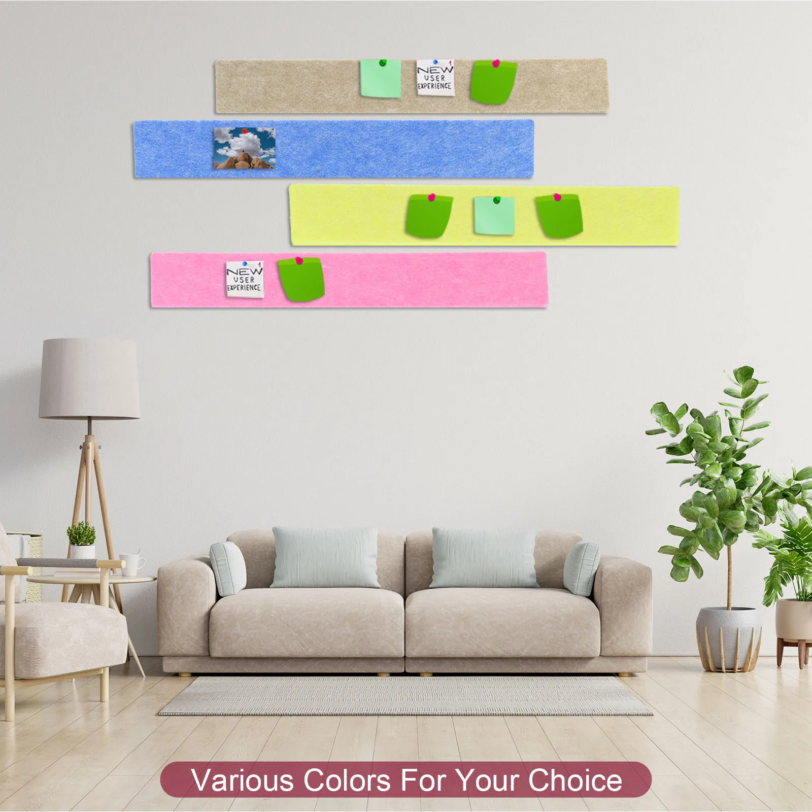 5Pcs Felt Bulletin Board Bar Strip Self Adhesive Wall Pin Bulletin Board with Push Pins for Photos Memos Office Decor Multicolor