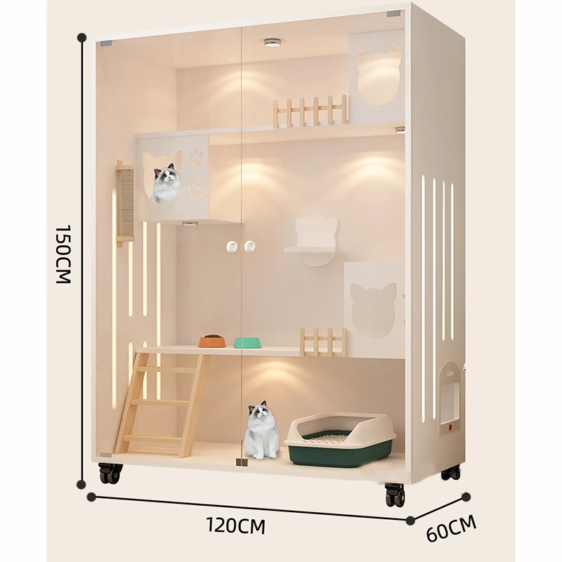 Cream-style Cat Cage for Pet Shop Density Board Cat House Double-layer Large Space Glass Door Light Luxury Simple Cage for Cats
