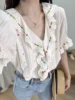Ladies Floral Embroidery Sweet Shirt Short Puff Sleeve Single-Breasted Lady Ruffles Edge V-Neck Sweet Blouse and Tops