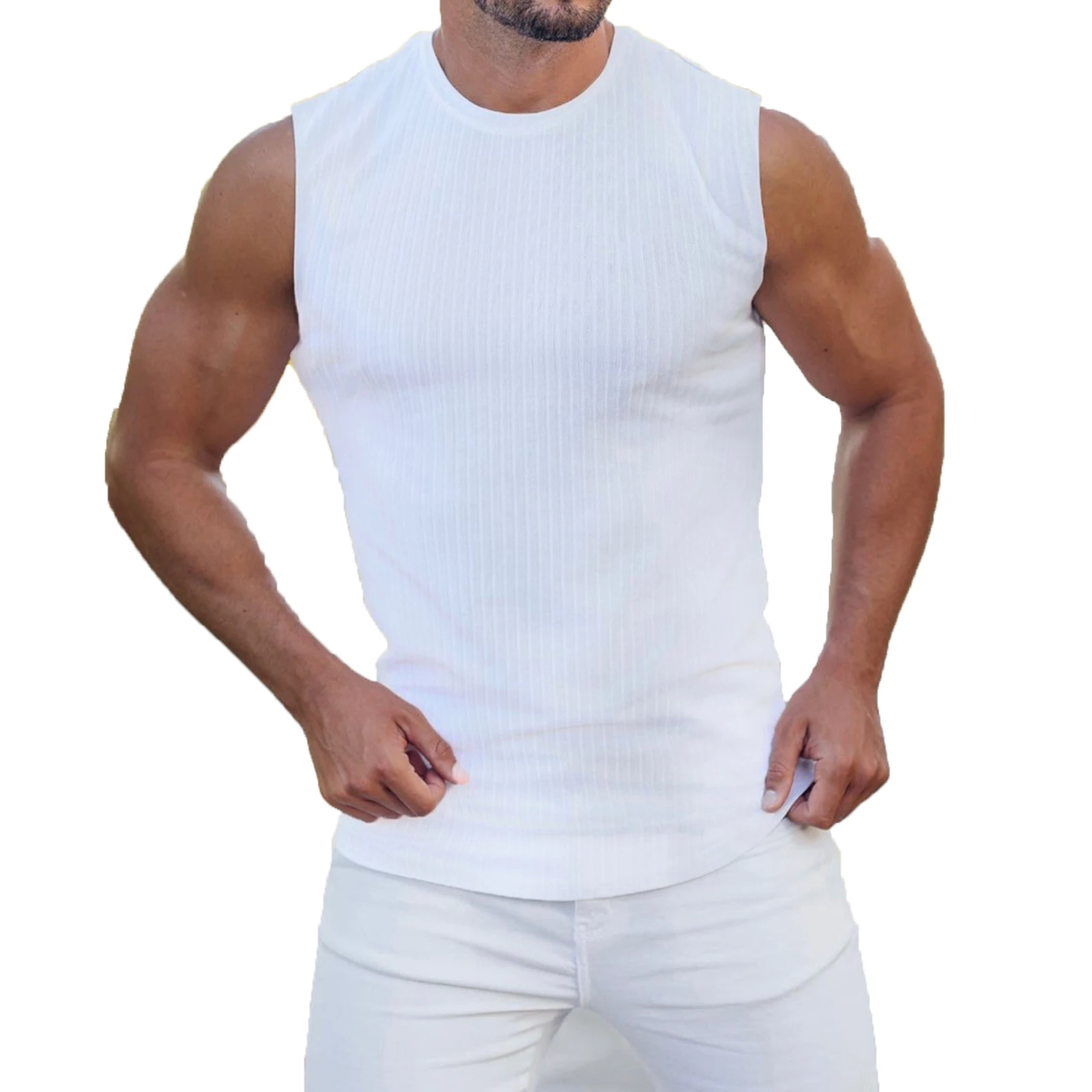 

Men Sheer Sport Vest Round Neck Sleeveless Stretchy Knitted Sport Vest Top for Running Jogging Gym Fitness Training