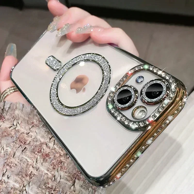 Crystal Clear Bling Phone Case with MagSafe Compatibility and Wireless Charging Lens Cover